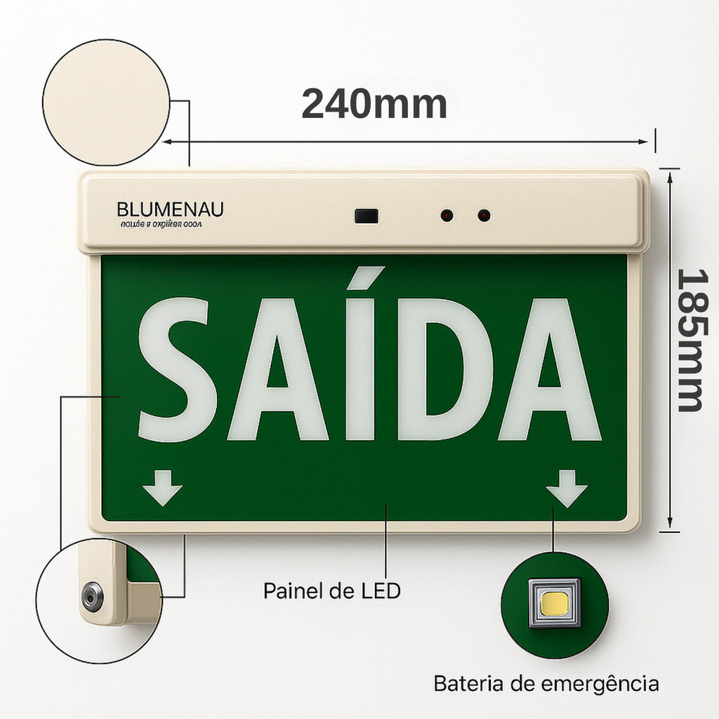 Placa de Saída LED 1 Face Verde 1W Bivolt Blumenau Sinalização de Emergência