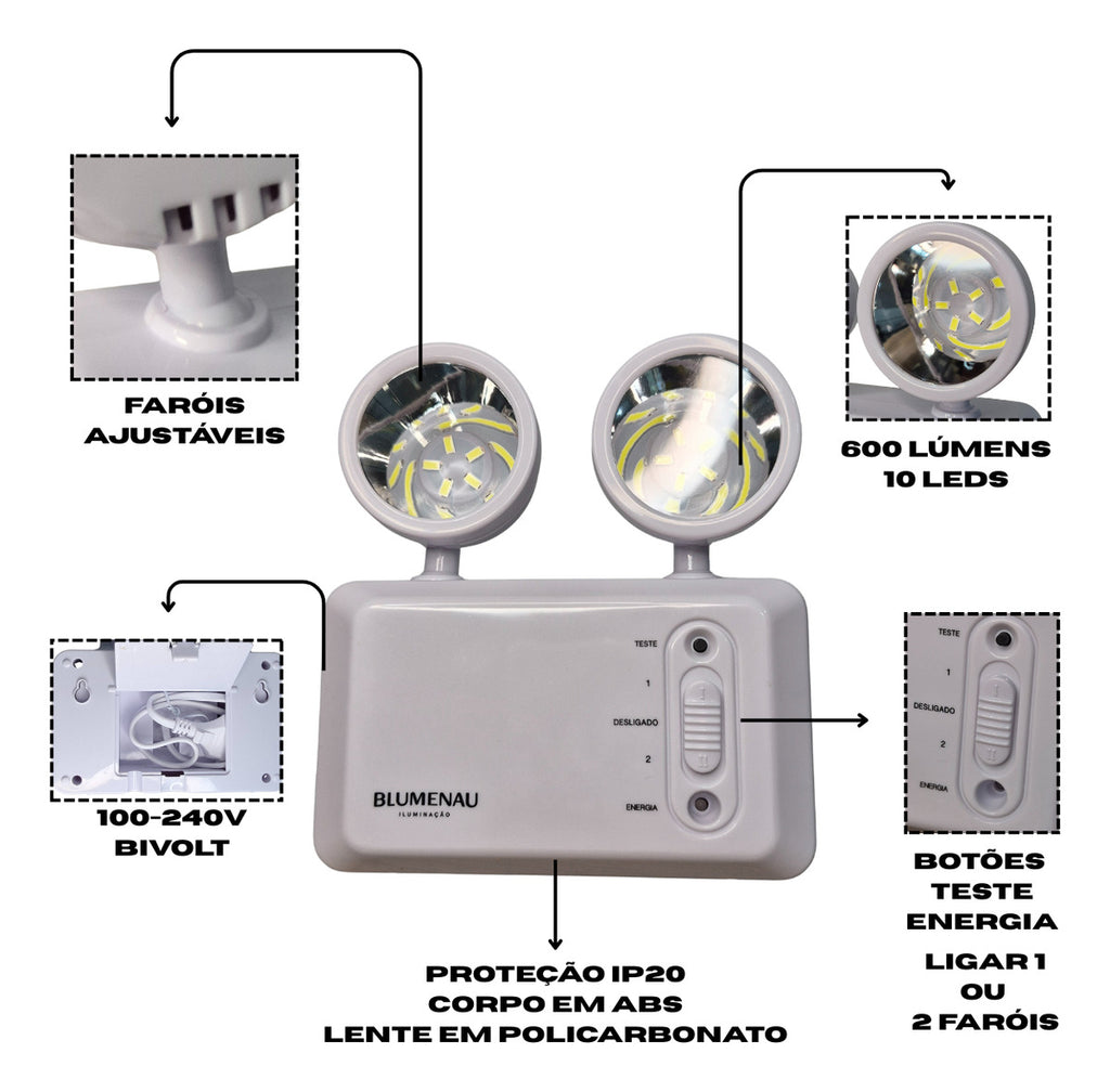 Luminária de Emergência LED Blumenau 600lm 2 Faróis Ajustáveis Bivolt 3W