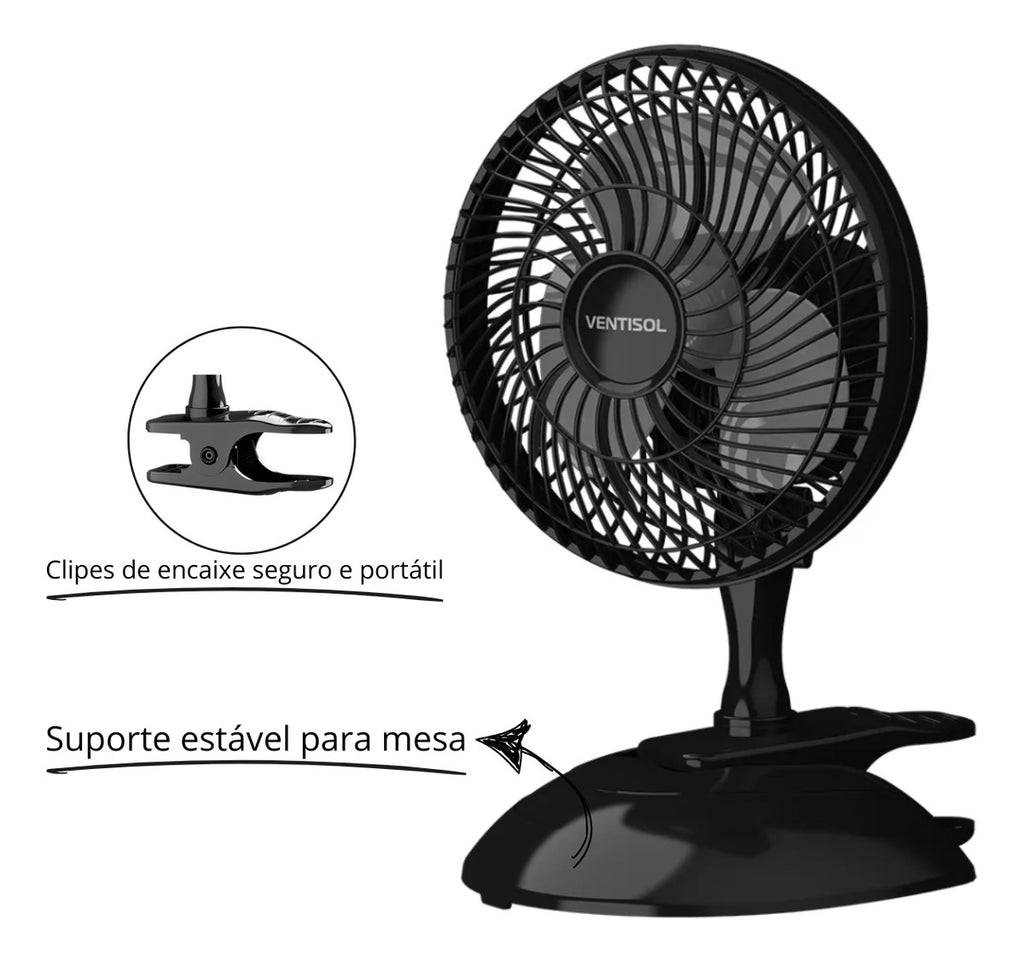 Micro Ventilador Ventisol 20cm 220V Clip Mesa 2 Velocidades Preto