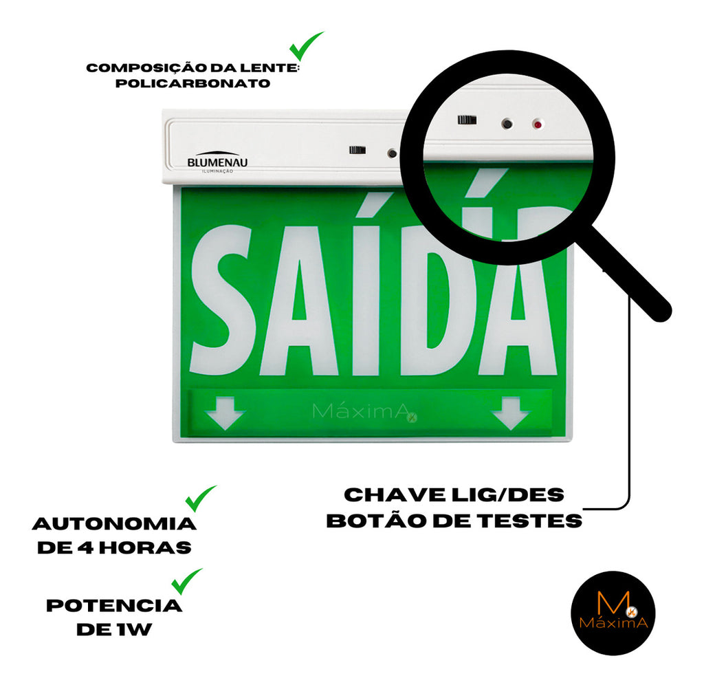 Placa de Saída LED 1 Face Verde 1W Bivolt Blumenau Sinalização de Emergência
